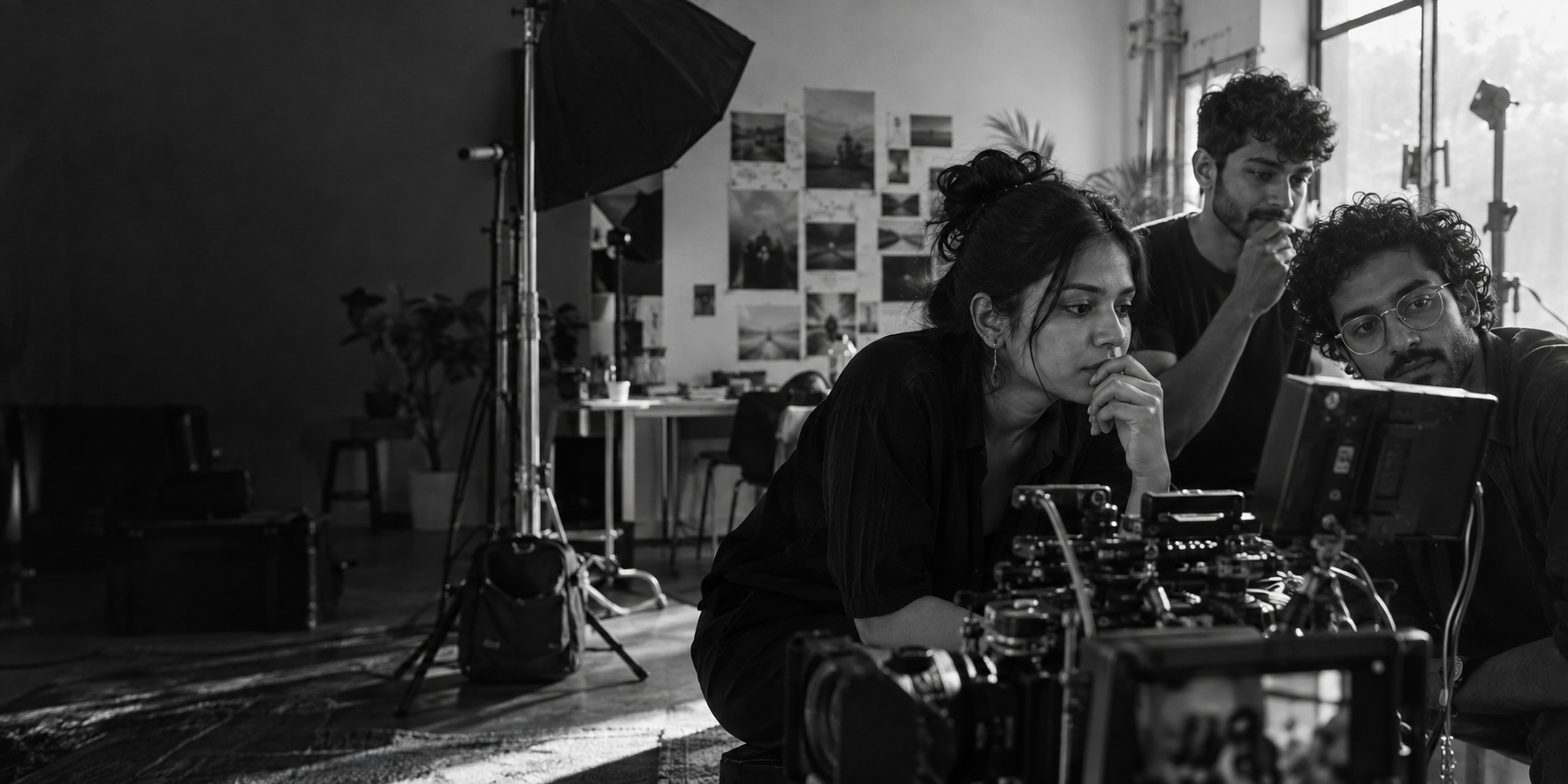 A creative production team working around a camera monitor